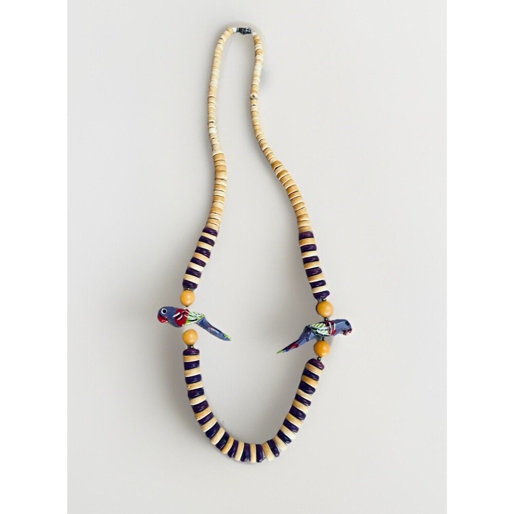 VTG '80s Boho Clay Disk Necklace 22" w/ Hand-Carved Parrot Beads & Brass Spacers